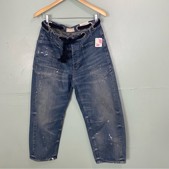 Free People We The Free Moxie Pull On Barrel Jeans Paint Splatter Blue Size 28 - Picture 2 of 4
